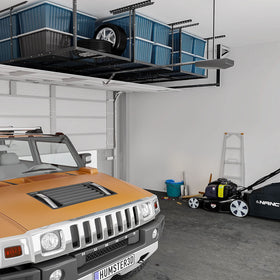 Fleximounts overhead rack brackets attached to joists for stable storage.