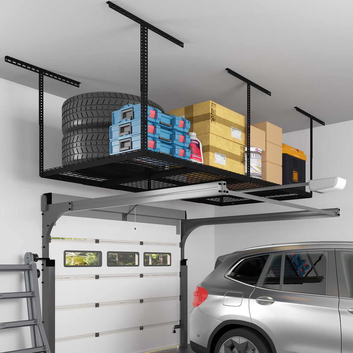 Fleximounts overhead storage in use to maximize ceiling space and declutter the floor