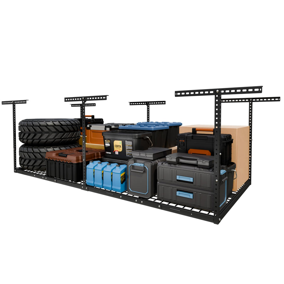Fleximounts overhead storage rack assembly demonstrates safe ceiling mounting for garage space