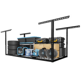 Fleximounts overhead storage rack ceiling install, showcasing sturdy joist attachment for extra garage space.