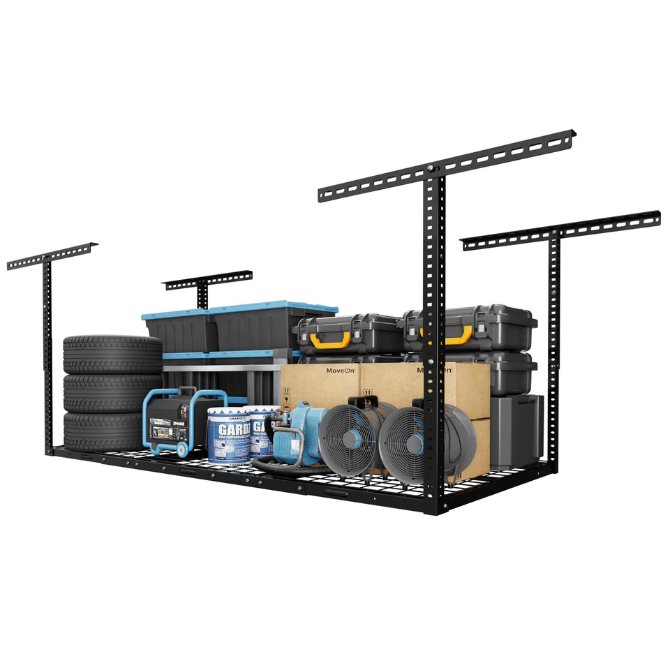 Fleximounts overhead storage rack ceiling install, showcasing sturdy joist attachment for extra garage space.
