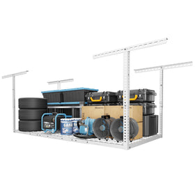 FLEXIMOUNTS overhead rack mounted to ceiling showing space-saving storage
