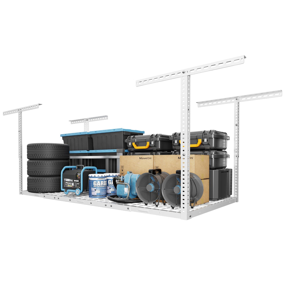 FLEXIMOUNTS overhead rack mounted to ceiling showing space-saving storage