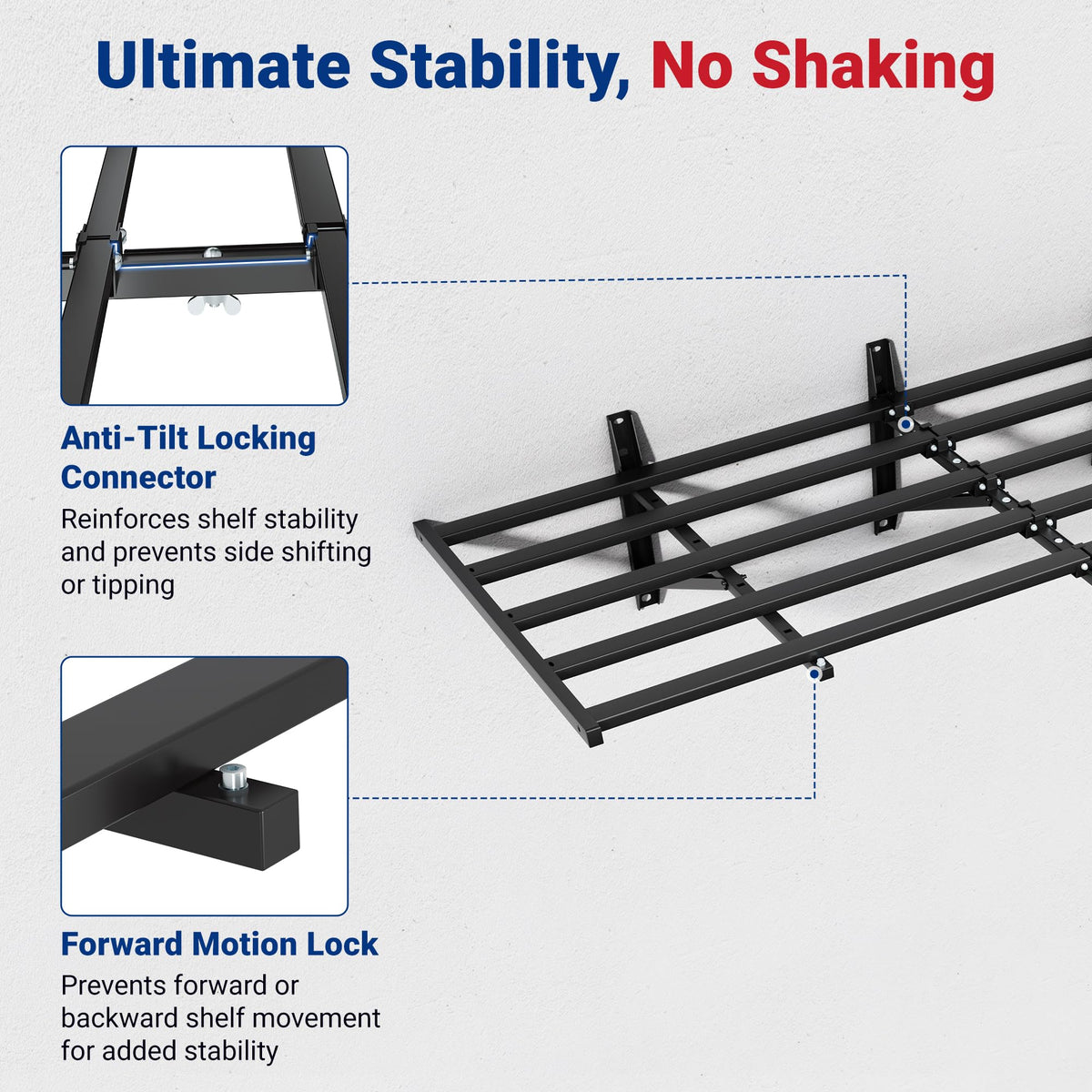 Fleximounts tool-free snap-in pins simplify shelf installation.