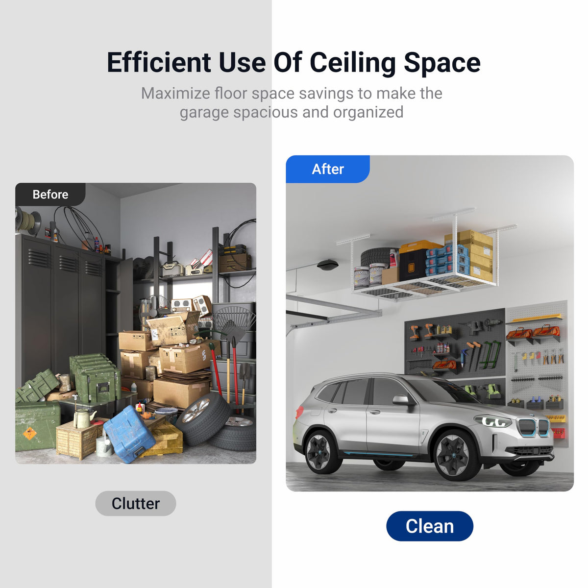 FLEXIMOUNTS demonstrates up to 60 cu ft of overhead storage