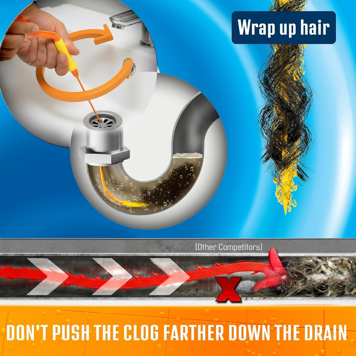 Slim wand reaches tight bath drain spaces for easy clearance