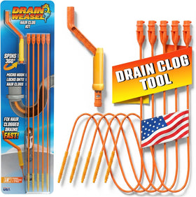 FlexiSnake drain weasel kit with handle clears hair clogs in a sink