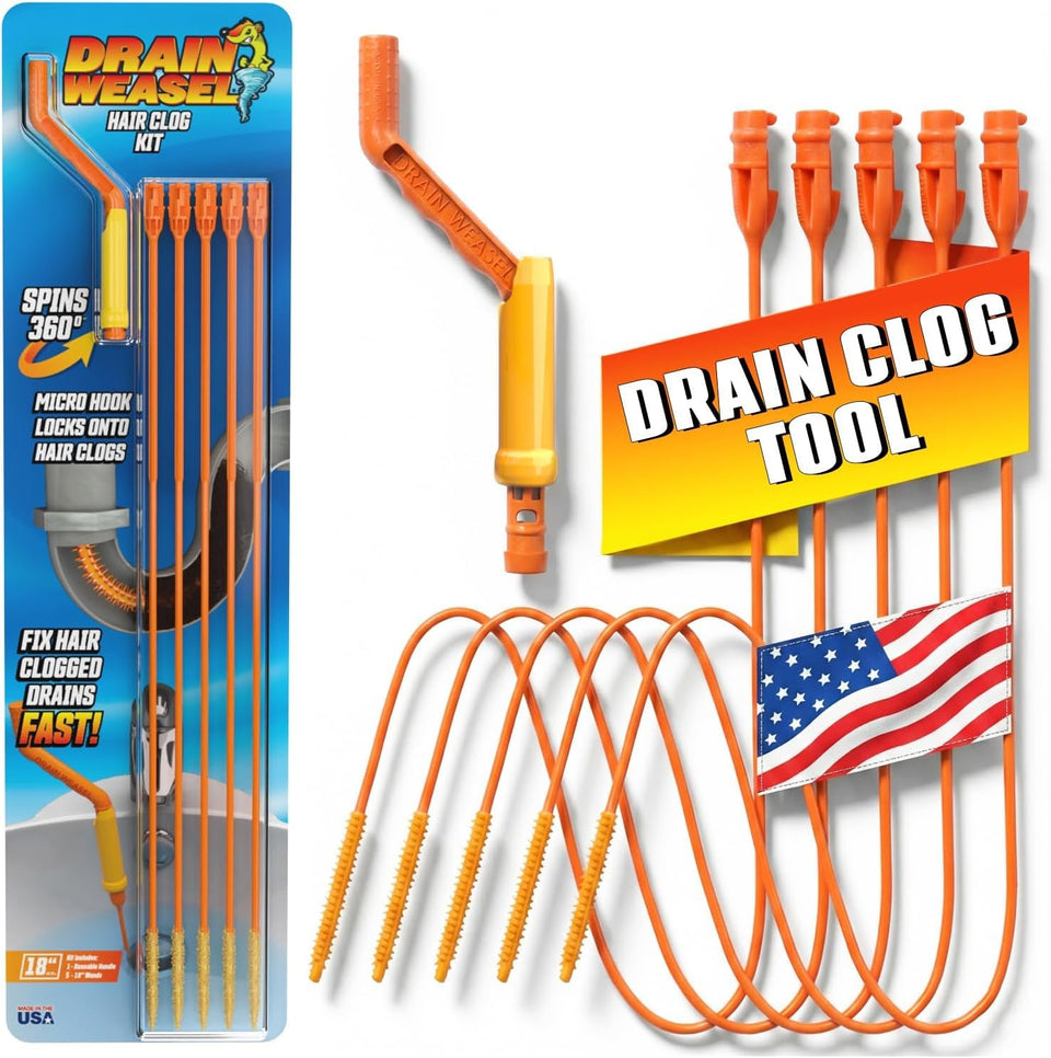 FlexiSnake drain weasel kit with handle clears hair clogs in a sink
