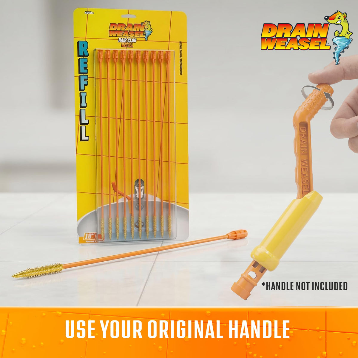 FlexiSnake Drain Weasel refill micro-hooks grab hair without damaging pipes.