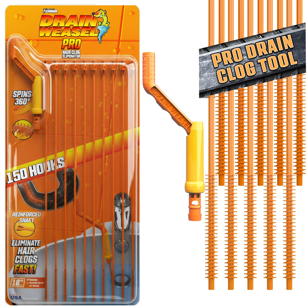 FlexiSnake Pro Drain Weasel in action removing hair from a bathroom drain.