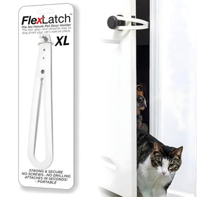 FlexLatch cat door holder front view with one-handed latch.