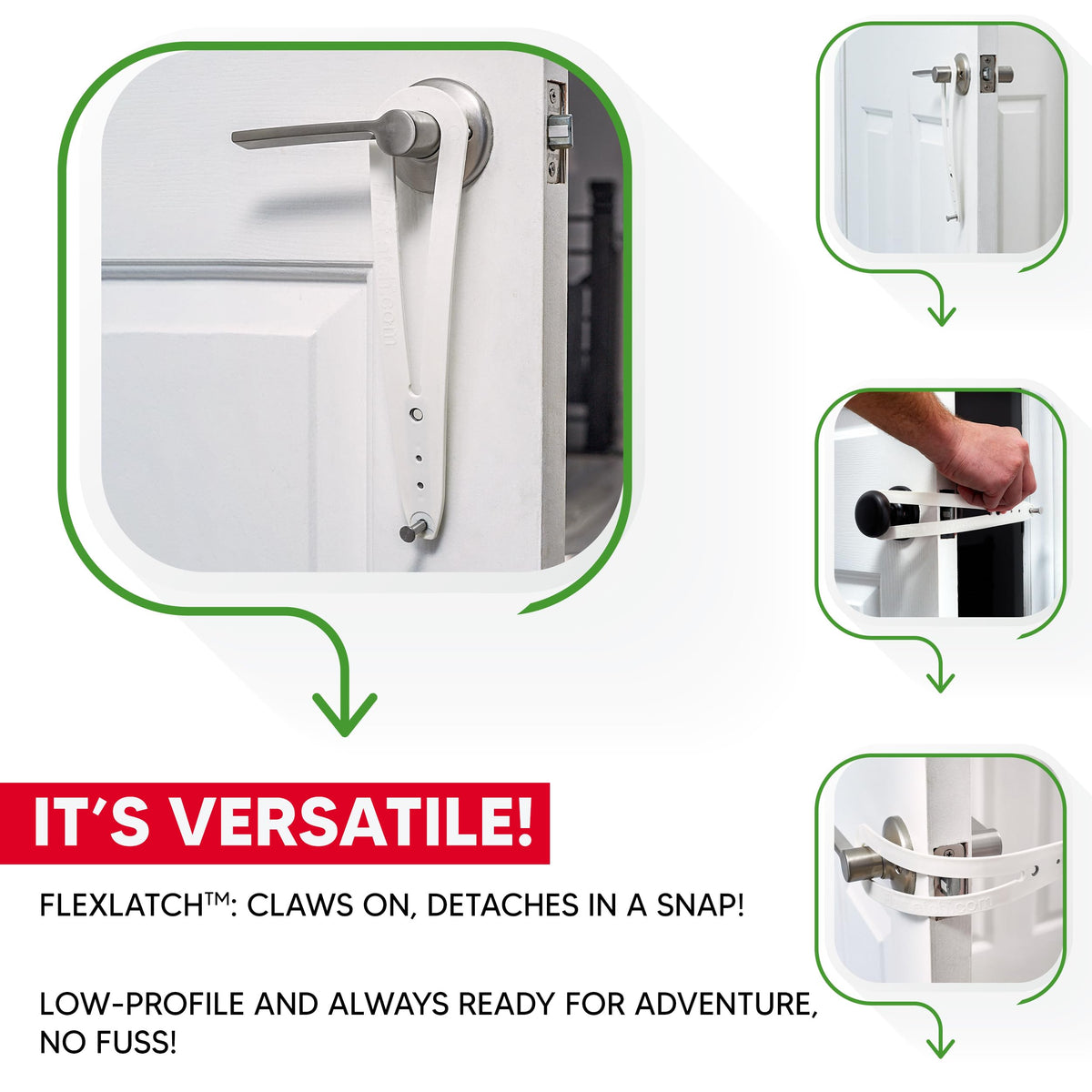 FlexLatch mounted on doorknob for quick setup.