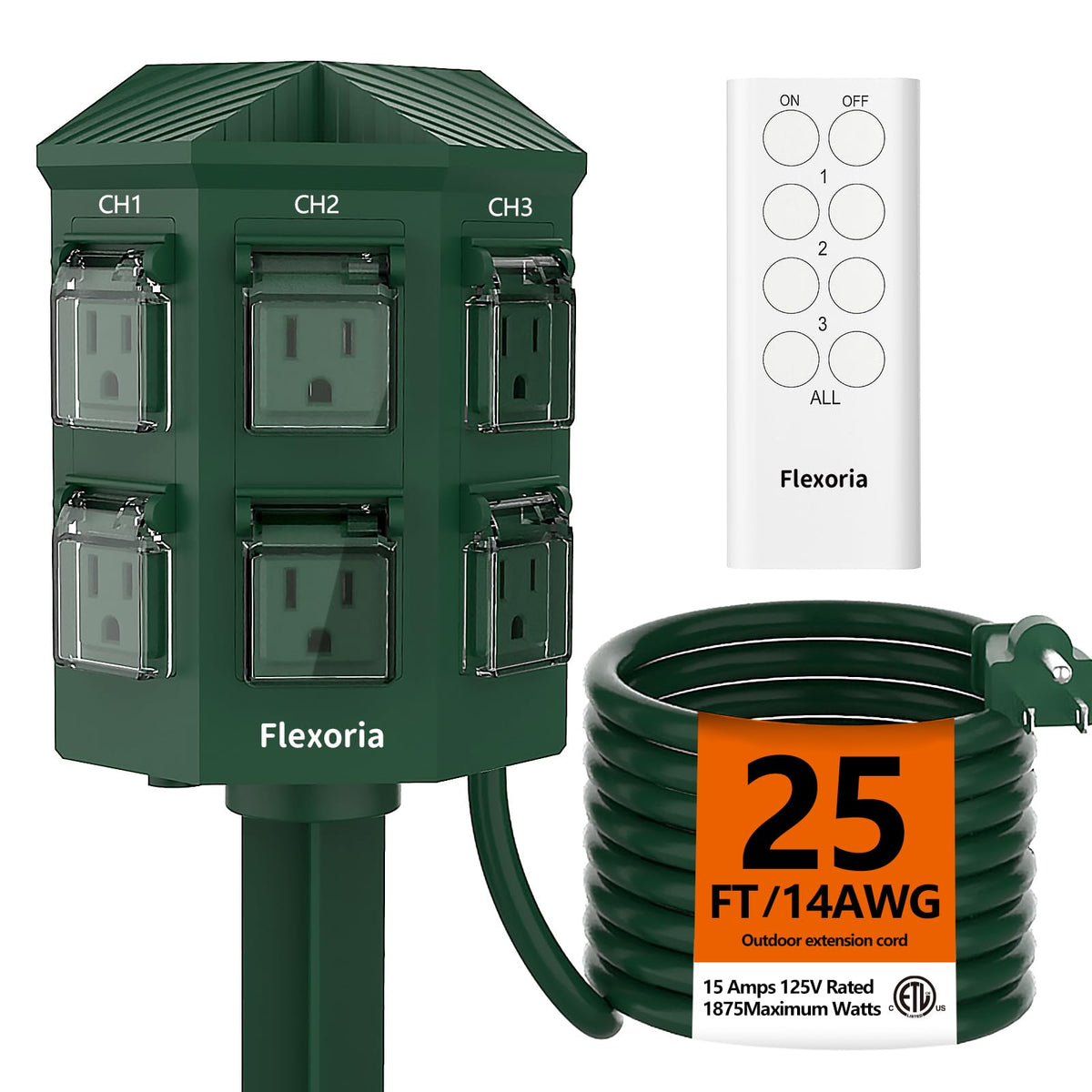 Flexoria Outdoor Power Stake with remote control showing independent outlet groups for garden lighting.