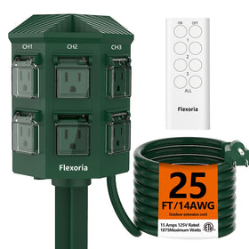 Flexoria Outdoor Power Stake with remote control showing independent outlet groups for garden lighting.