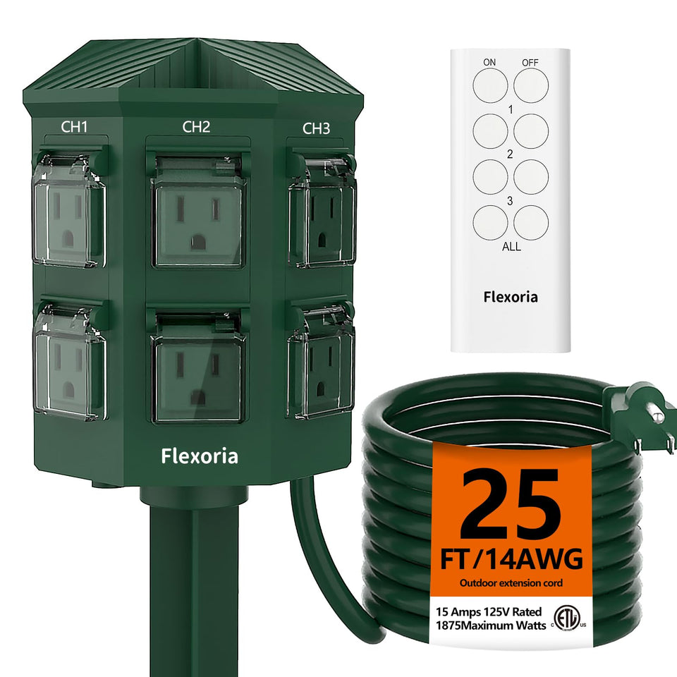 Flexoria Outdoor Power Stake with remote control showing independent outlet groups for garden lighting.