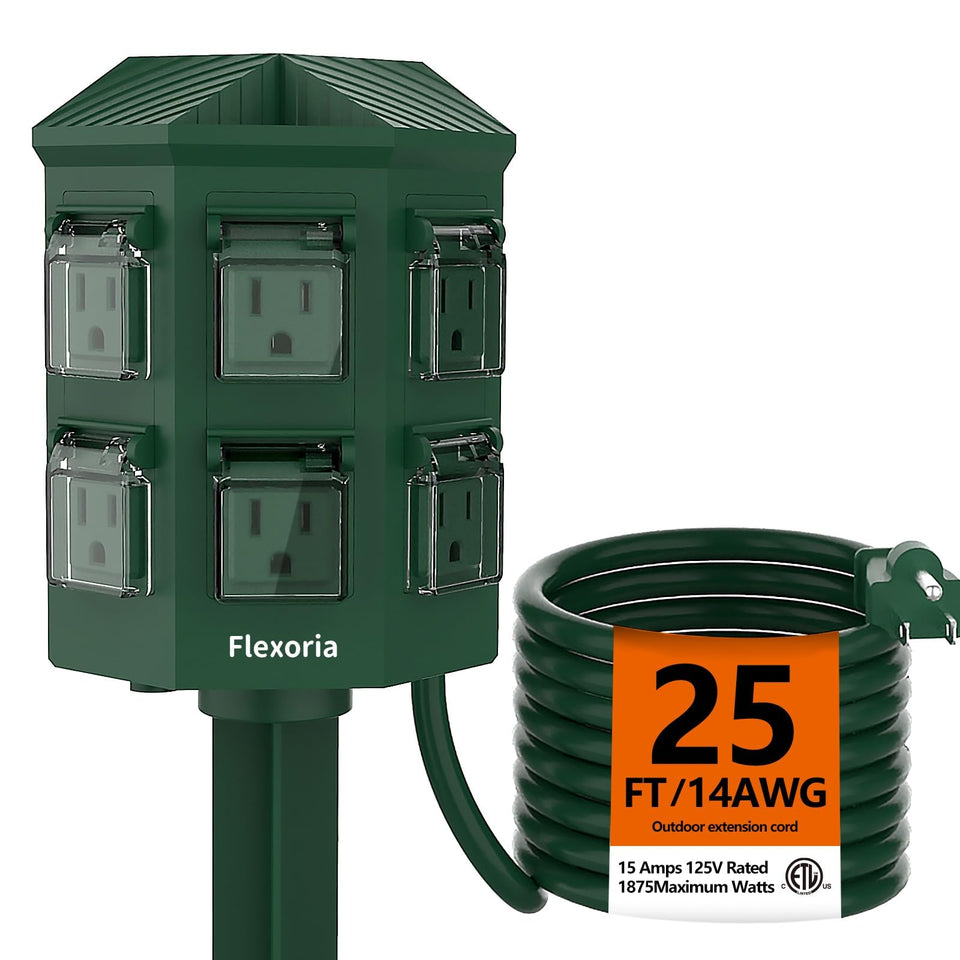 Flexoria outdoor power strip with waterproof outlets suitable for yard lighting.