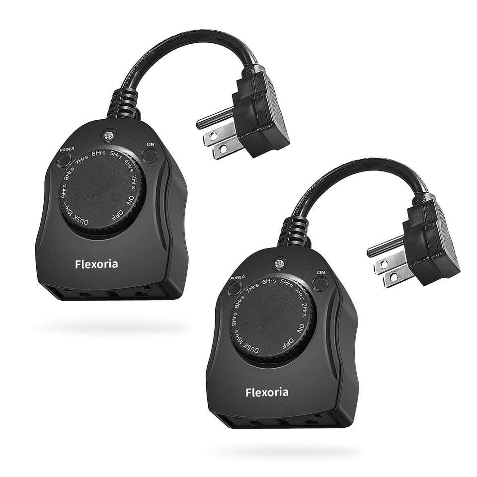 Flexoria outdoor timer outlet with waterproof dusk-to-dawn sensor protects porch lights.