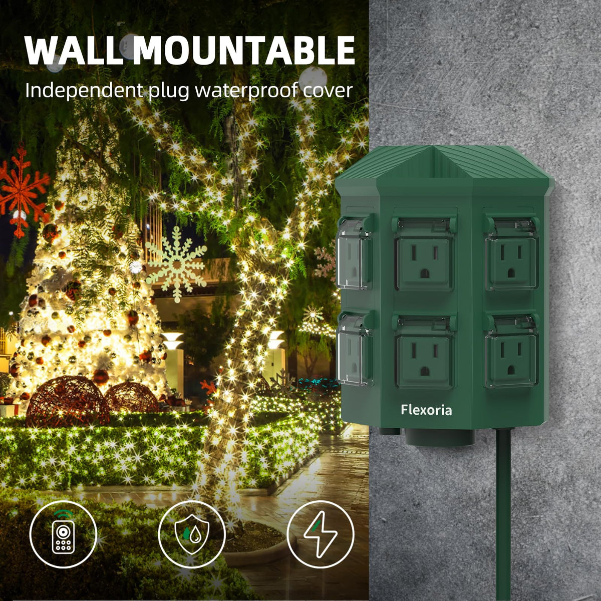 Flexoria waterproof outlet covers protecting outdoor devices from rain and cold.