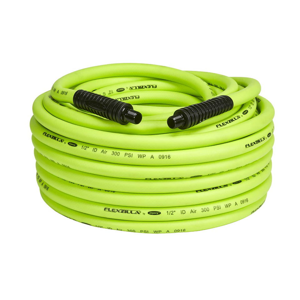 Flexzilla air hose shows flat layout for easy storage and rapid deployment.