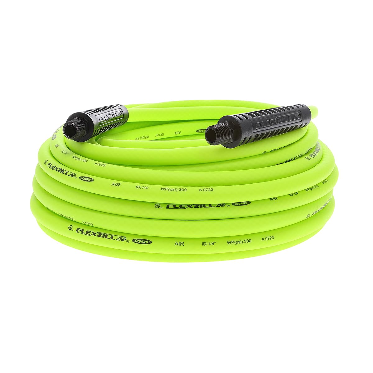 Flexzilla air hose 1/4 in x 50 ft flat coil shows zero memory for easy coiling.