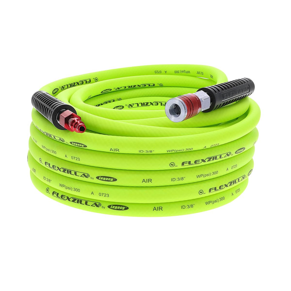 Flexzilla air hose with ColorConnex red coupler on a busy workshop bench