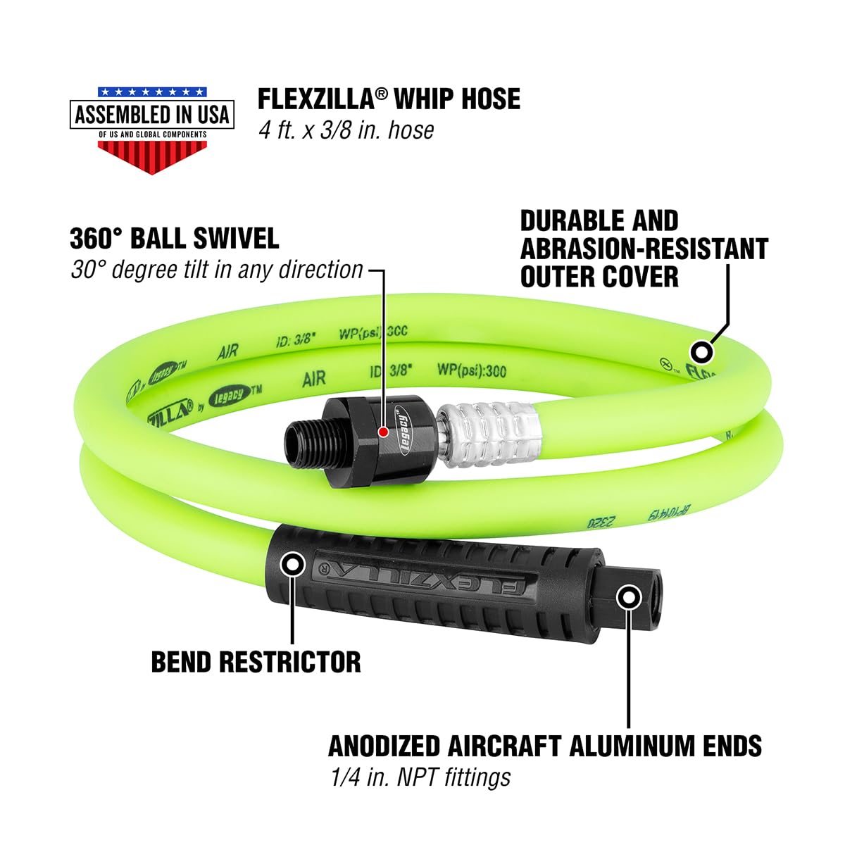Flexzilla ball swivel assembly enables 360-degree rotation for versatile tool placement.