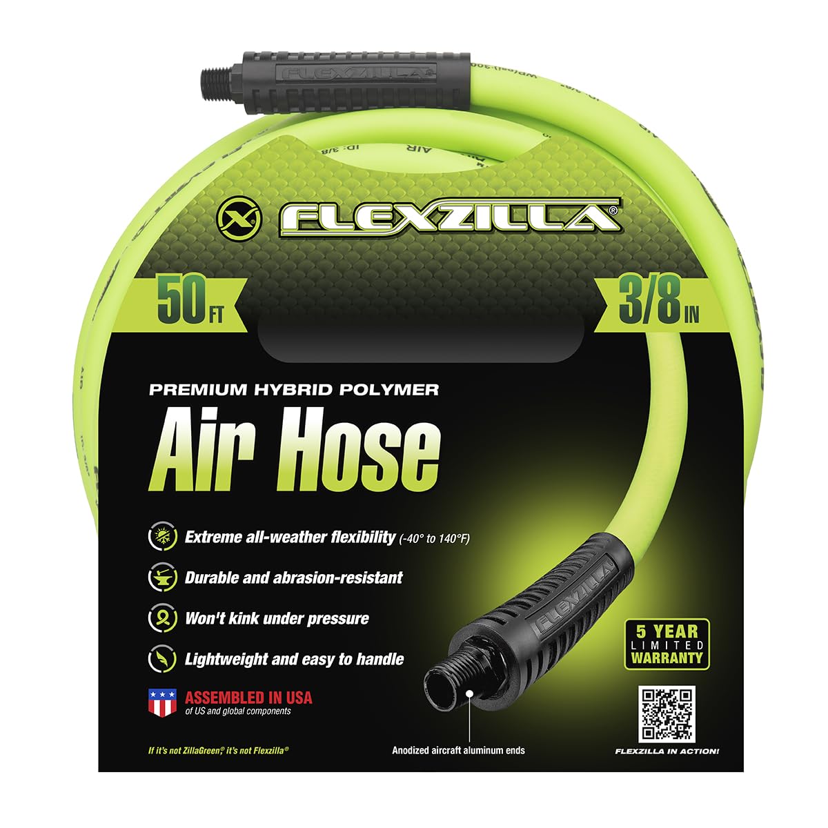 Flexzilla HFZ3850YW2 hose featuring 1/4 in MNPT fittings for secure connections.