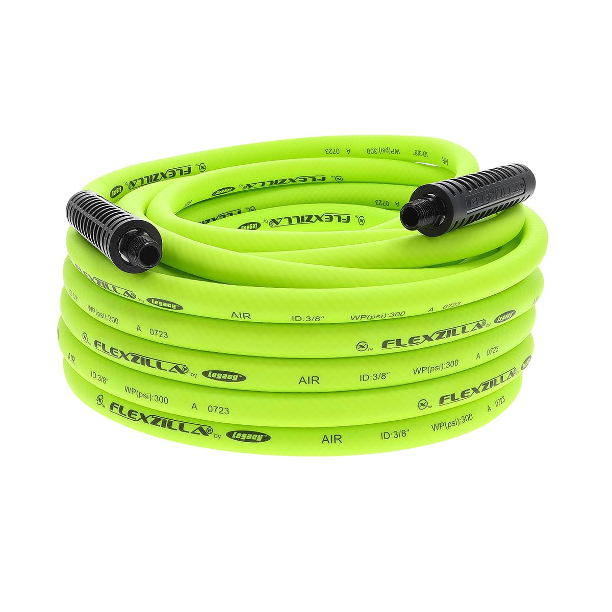 Flexzilla HFZ3850YW2 50 ft air hose coiled for easy storage and quick setup.