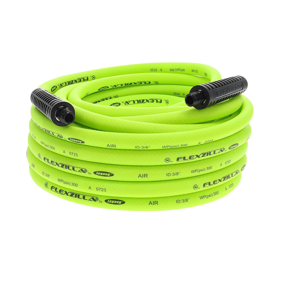 Flexzilla HFZ3850YW2 50 ft air hose coiled for easy storage and quick setup.