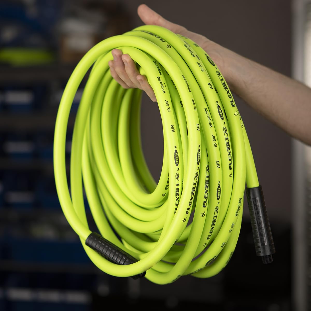 Abrasion-resistant outer cover on Flexzilla HFZ3850YW2 protects the hose in tough shop use.