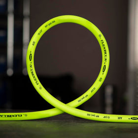 Crush-resistant aluminum fittings with bend restrictor on Flexzilla HFZ3850YW2.