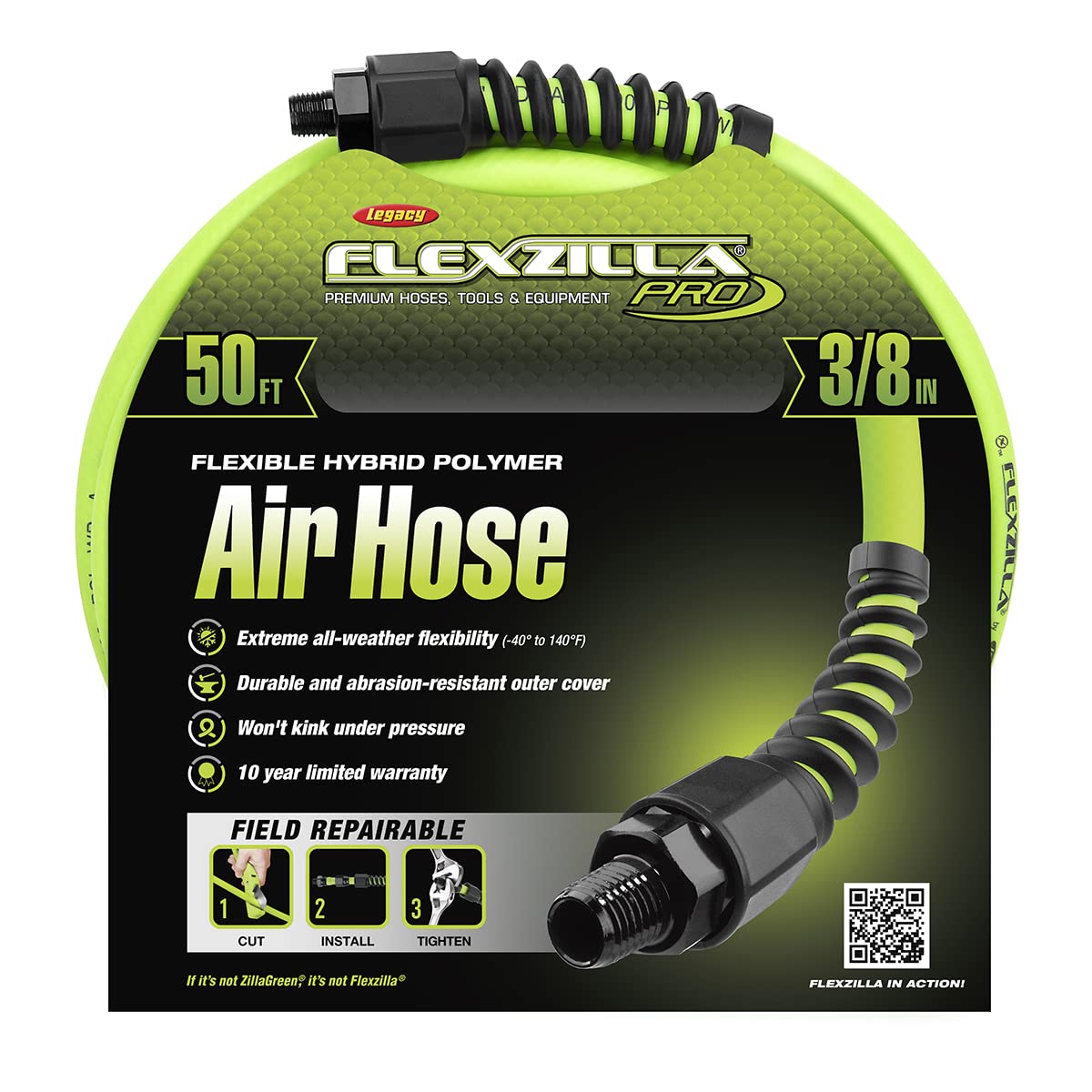 Flexzilla Pro Air Hose anodized fittings close-up highlight on-site repairability.