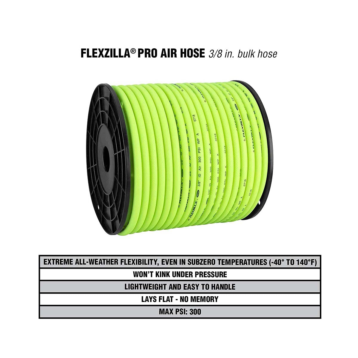 Flexzilla Pro air hose featuring bend restrictor to prevent kinking.