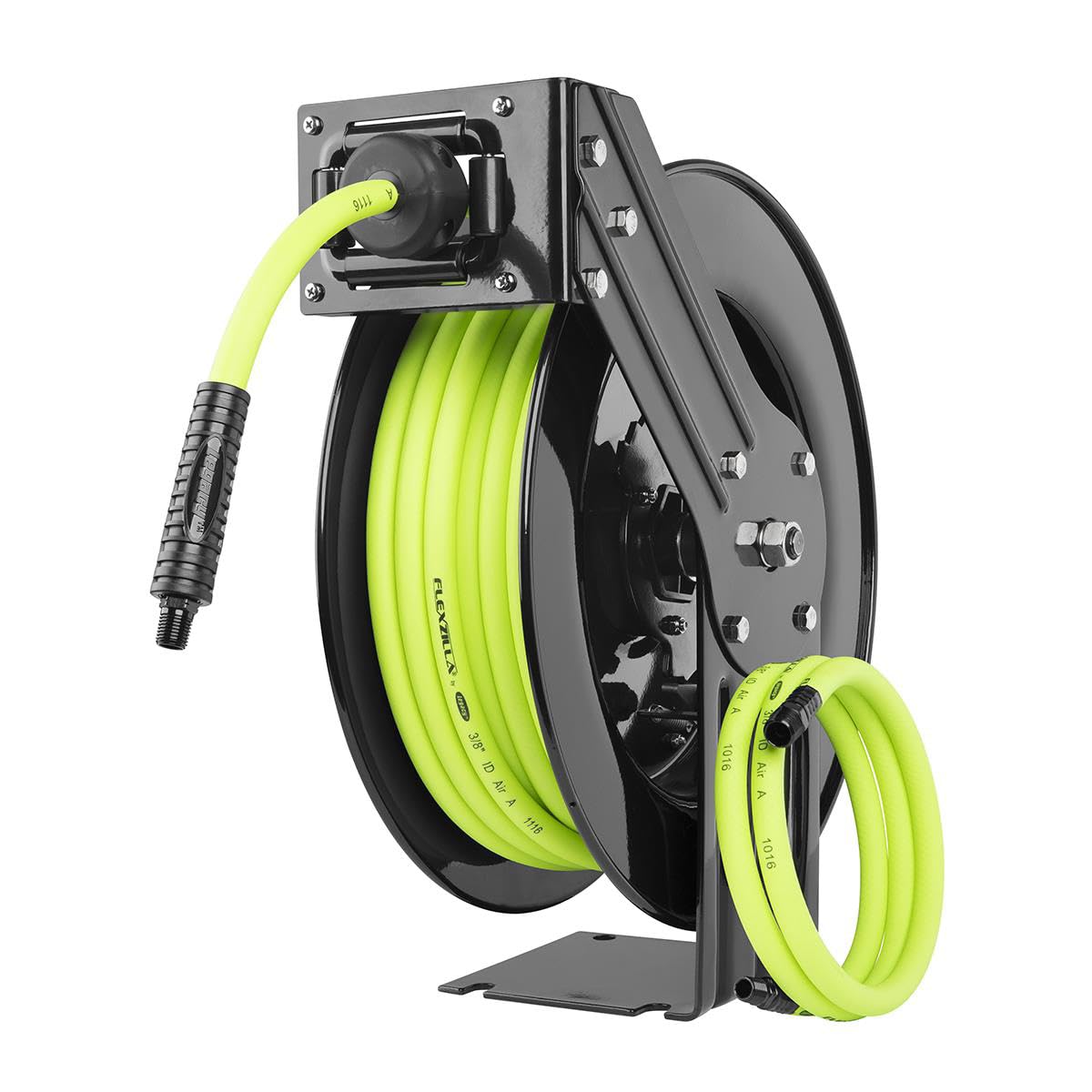 Flexzilla wall-mountable guide-arm reel enabling clutter-free setups.