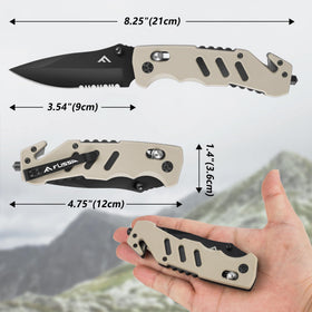 FLISSA folding knife seatbelt cutter aids rapid vehicle rescue.