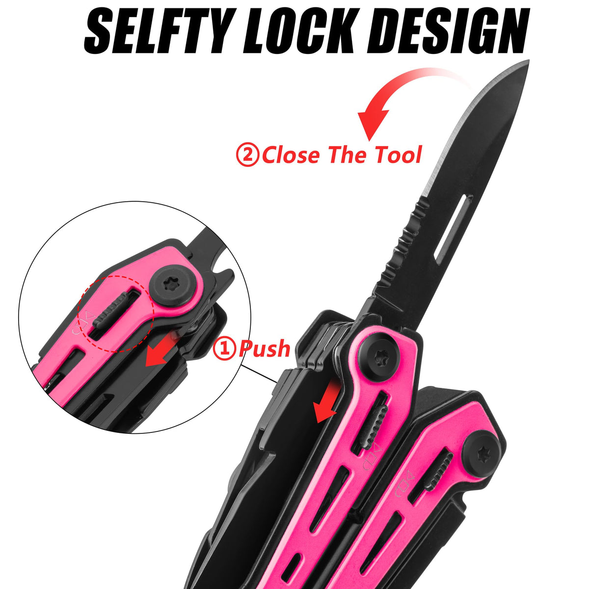 FLISSA pink multitool with straight and serrated knives for quick cuts