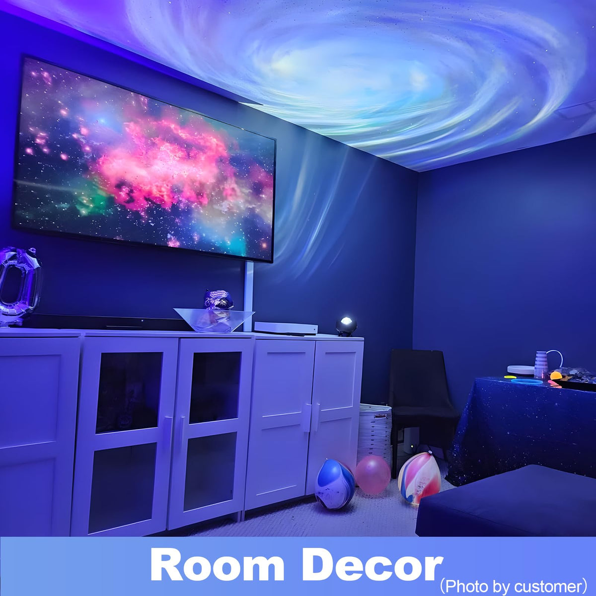 FLITI Galaxy Projector displays nebula shapes across ceiling and walls