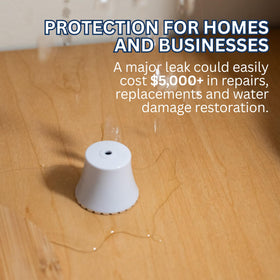 Flood Buzz unit placed beside toilet for bathroom leak monitoring
