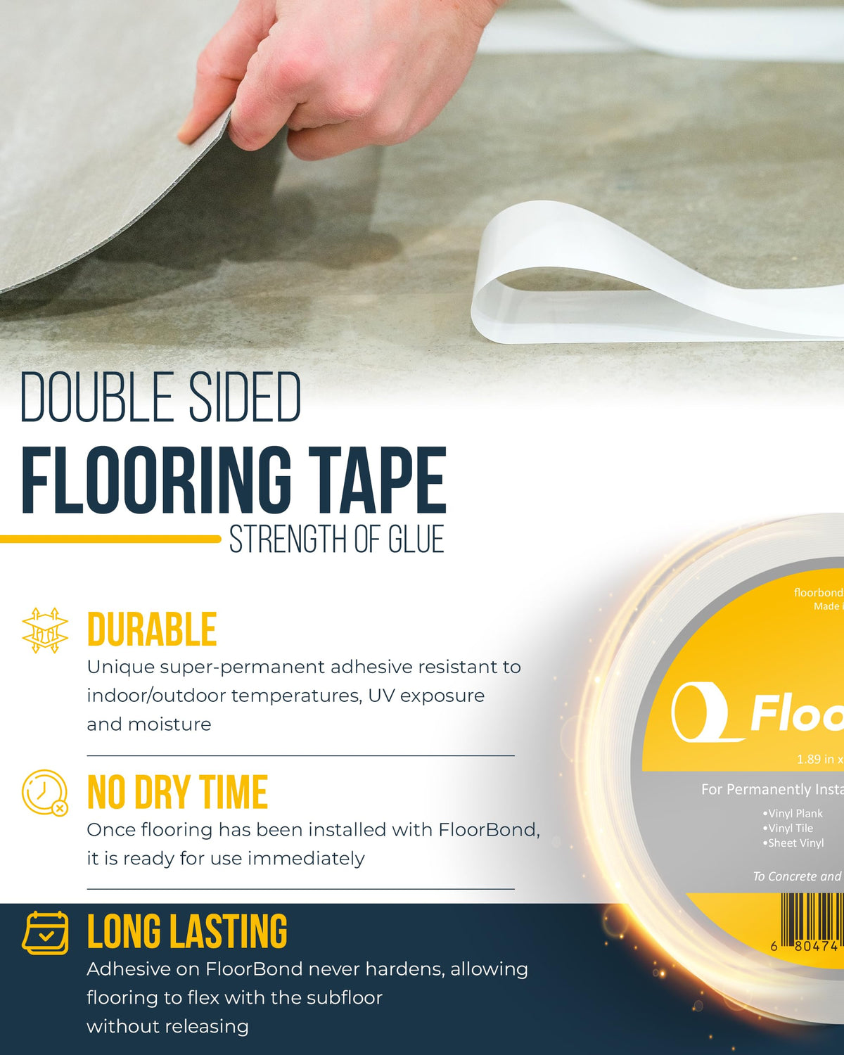 Close-up of peel-and-press FloorBond application for quick installs.