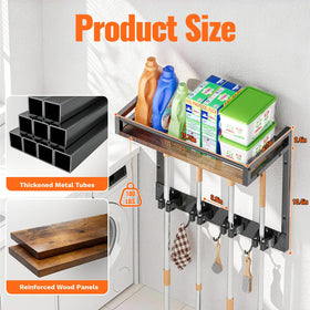 FLOOREE broom hanger features 4 grippers and 3 hooks for organized cleaning tools.