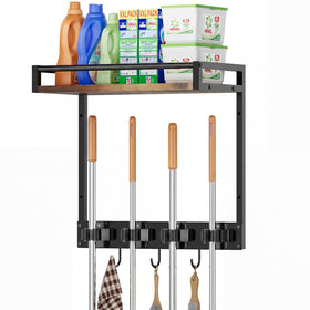 FLOOREE broom-holder wall-mount with shelf keeps mops off the floor and within easy reach.