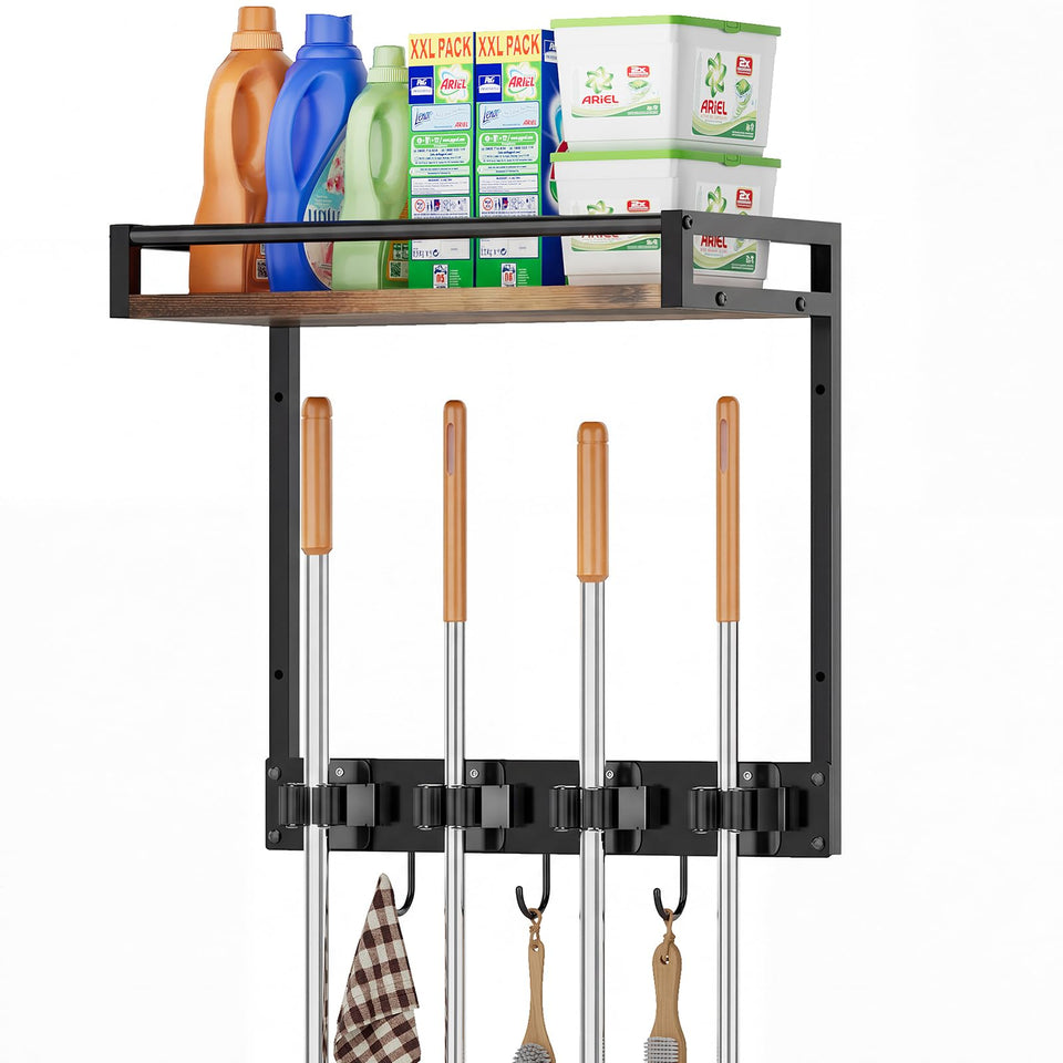 FLOOREE broom-holder wall-mount with shelf keeps mops off the floor and within easy reach.