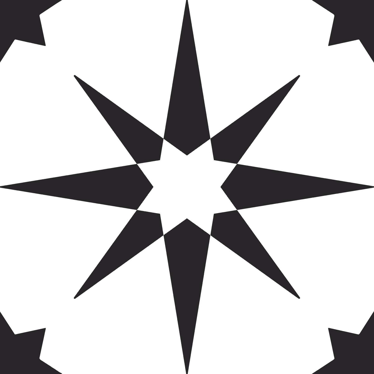 FloorPops Altair tiles show black quilted stars on white background.