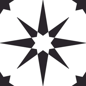 FloorPops Altair tiles show black quilted stars on white background.