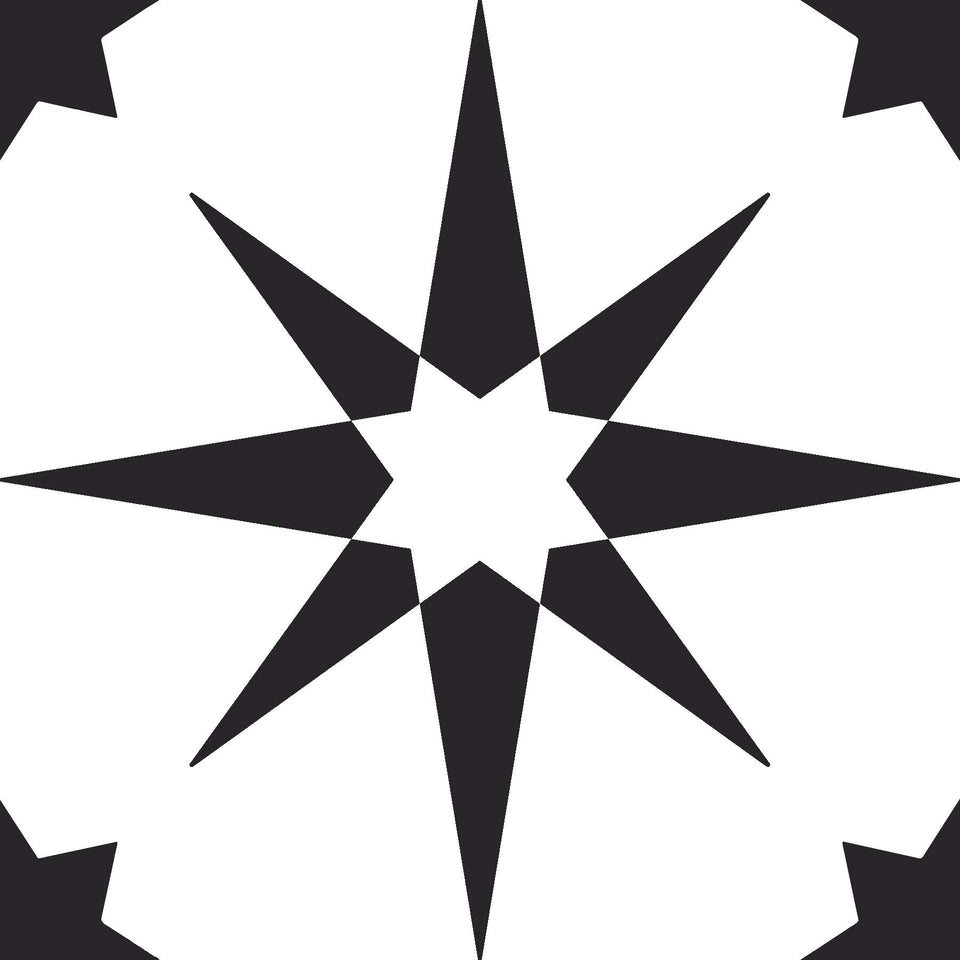 FloorPops Altair tiles show black quilted stars on white background.