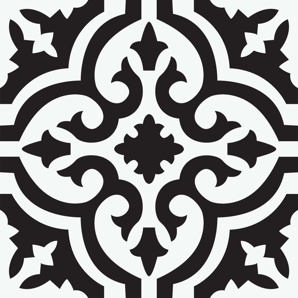 FloorPops Black Parma 12x12 tiles pack showing bold farmhouse contrast for easy DIY updates