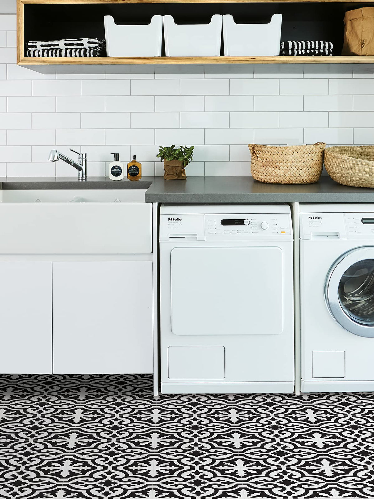 FloorPops Black Parma bathroom installation showcasing versatile, water-resistant flooring option