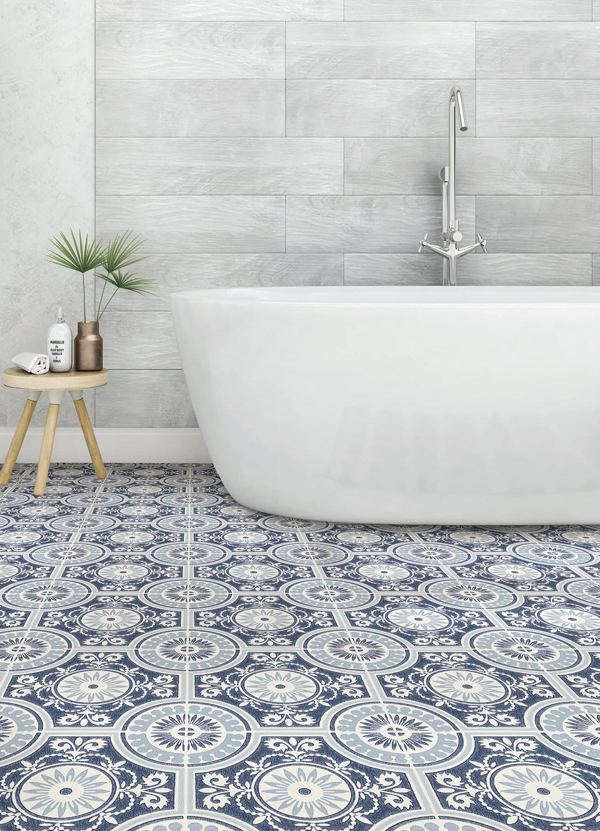 FloorPops Blue Ezra peel-and-stick tile installs without grout.