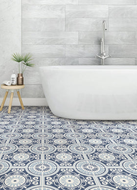 FloorPops Blue Ezra peel-and-stick tile installs without grout.