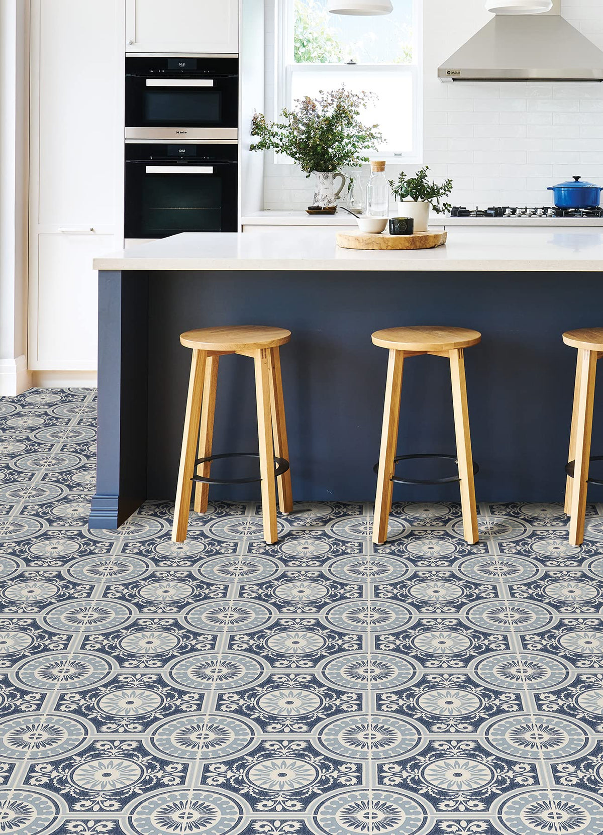 FloorPops Blue Ezra tile features a textured finish for durable wear.